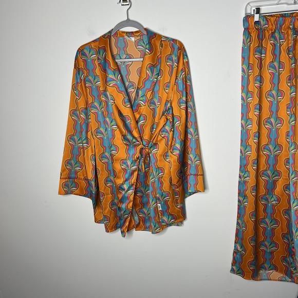Chelsea Peers Pajama Set Womens Large 14 Orange Tropical Satin 2 Piece Wrap Top - Picture 2 of 16